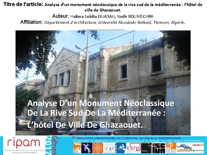 Titre de l'article: Analyse d’un monument néoclassique de la rive sud de la méditerranée