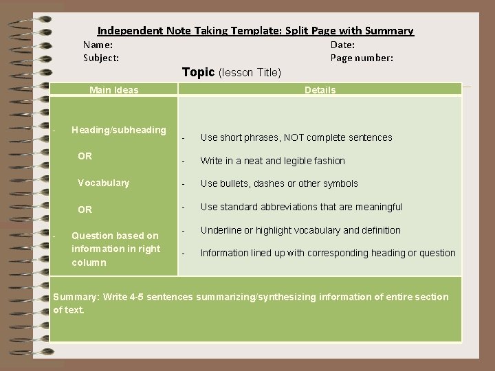 Independent Note Taking Template: Split Page with Summary Name: Subject: Date: Page number: Topic