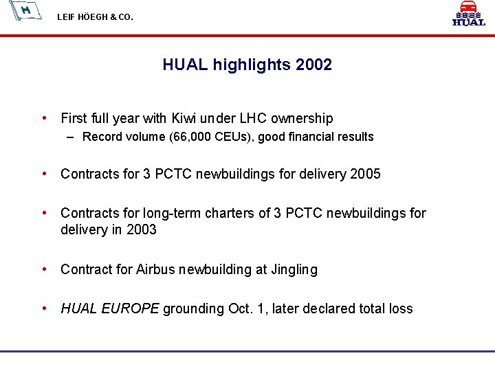 LEIF HÖEGH & CO. HUAL highlights 2002 • First full year with Kiwi under