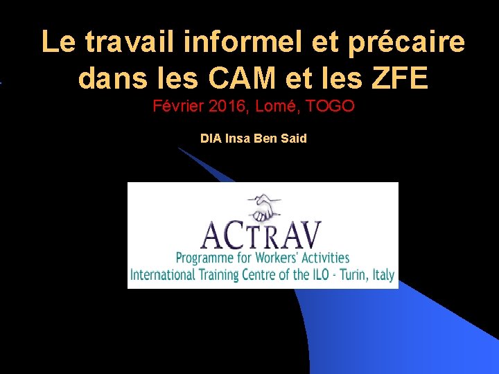 Le travail informel et précaire dans les CAM et les ZFE Février 2016, Lomé,