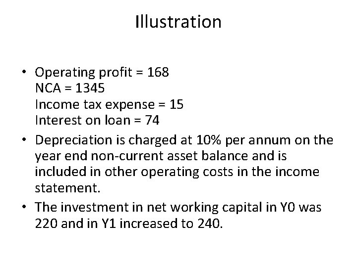 Illustration • Operating profit = 168 NCA = 1345 Income tax expense = 15 Illustration • Operating profit = 168 NCA = 1345 Income tax expense = 15