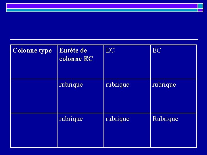Colonne type Entête de colonne EC EC EC rubrique rubrique Rubrique Colonne type Entête de colonne EC EC EC rubrique rubrique Rubrique