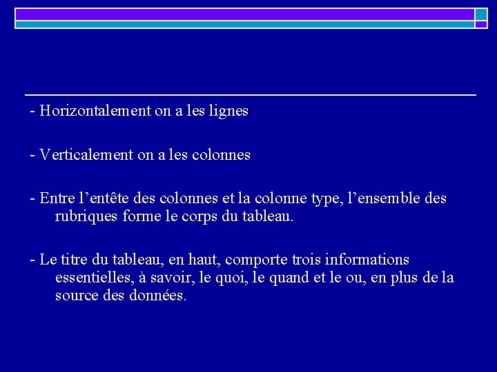- Horizontalement on a les lignes - Verticalement on a les colonnes - Entre - Horizontalement on a les lignes - Verticalement on a les colonnes - Entre