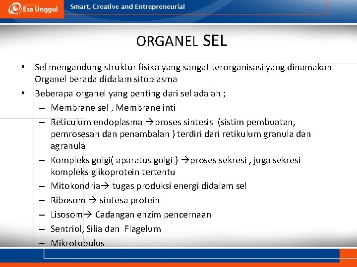 ORGANEL SEL • Sel mengandung struktur fisika yang sangat terorganisasi yang dinamakan Organel berada