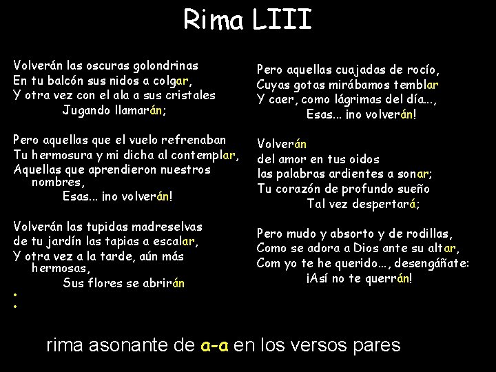 Rima LIII Volverán las oscuras golondrinas En tu balcón sus nidos a colgar, Y