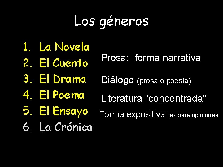 Los géneros 1. 2. 3. 4. 5. 6. La Novela Prosa: forma narrativa El