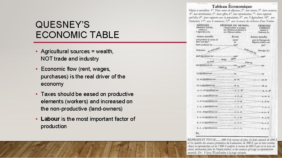 QUESNEY’S ECONOMIC TABLE • Agricultural sources = wealth, NOT trade and industry • Economic