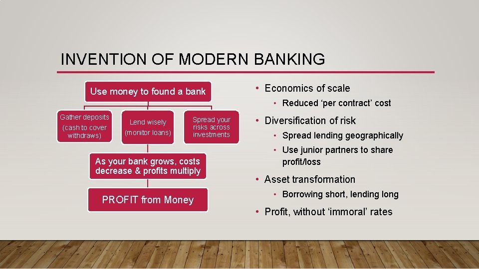 INVENTION OF MODERN BANKING Use money to found a bank • Economics of scale