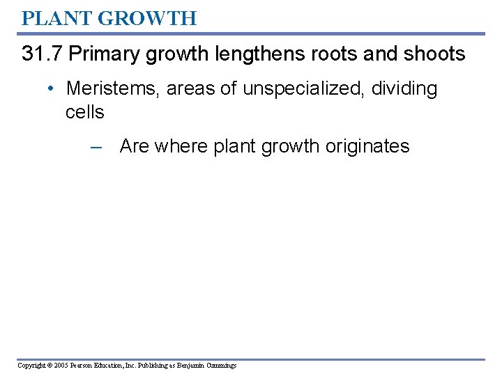 PLANT GROWTH 31. 7 Primary growth lengthens roots and shoots • Meristems, areas of PLANT GROWTH 31. 7 Primary growth lengthens roots and shoots • Meristems, areas of