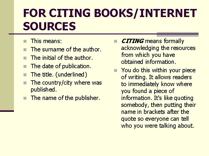 FOR CITING BOOKS/INTERNET SOURCES n This means: n The surname of the author. n FOR CITING BOOKS/INTERNET SOURCES n This means: n The surname of the author. n