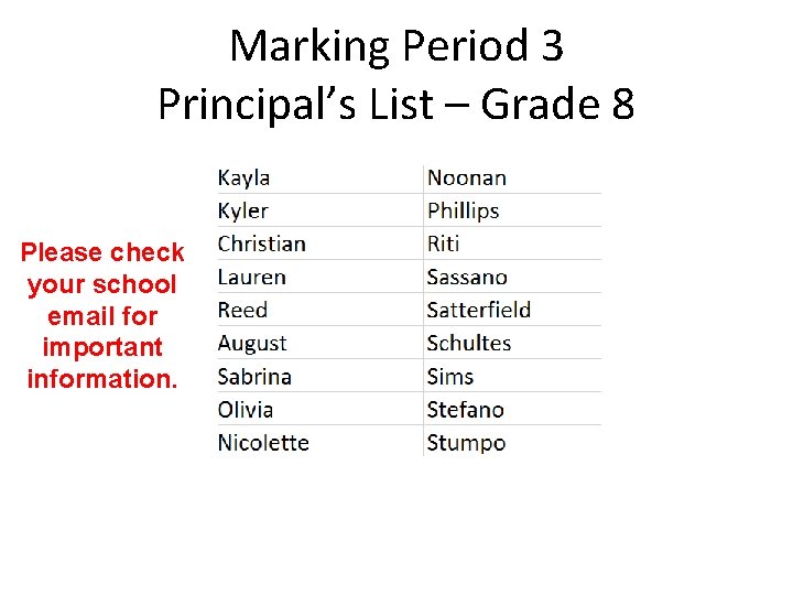 Marking Period 3 Principal’s List – Grade 8 Please check your school email for