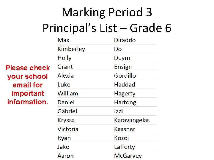 Marking Period 3 Principal’s List – Grade 6 Please check your school email for
