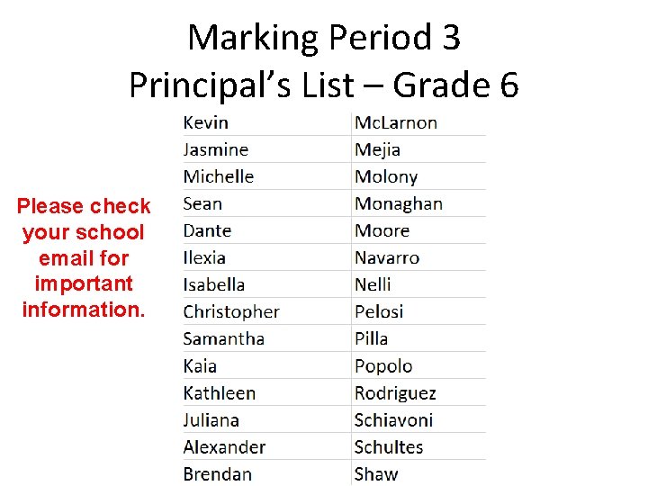 Marking Period 3 Principal’s List – Grade 6 Please check your school email for