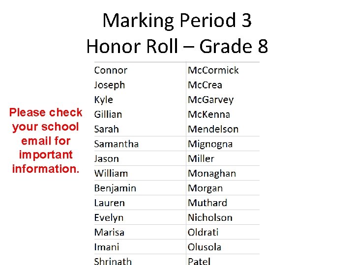 Marking Period 3 Honor Roll – Grade 8 Please check your school email for