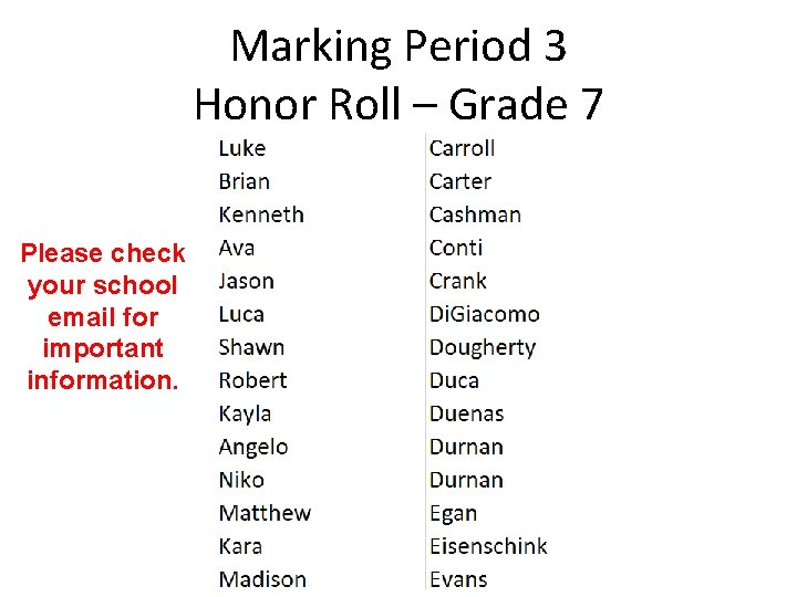 Marking Period 3 Honor Roll – Grade 7 Please check your school email for