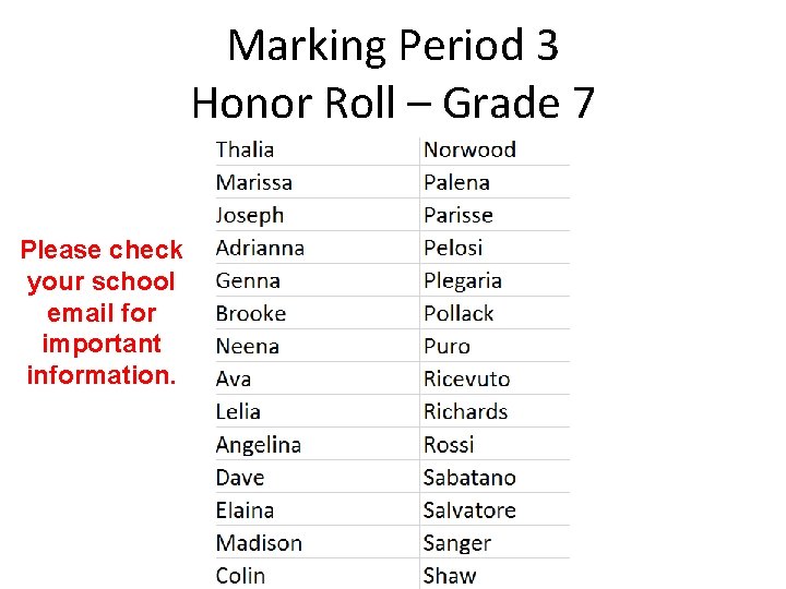 Marking Period 3 Honor Roll – Grade 7 Please check your school email for