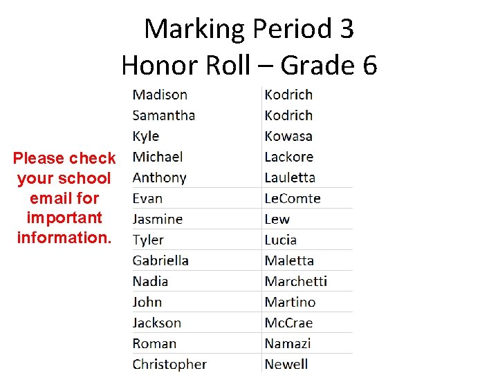 Marking Period 3 Honor Roll – Grade 6 Please check your school email for