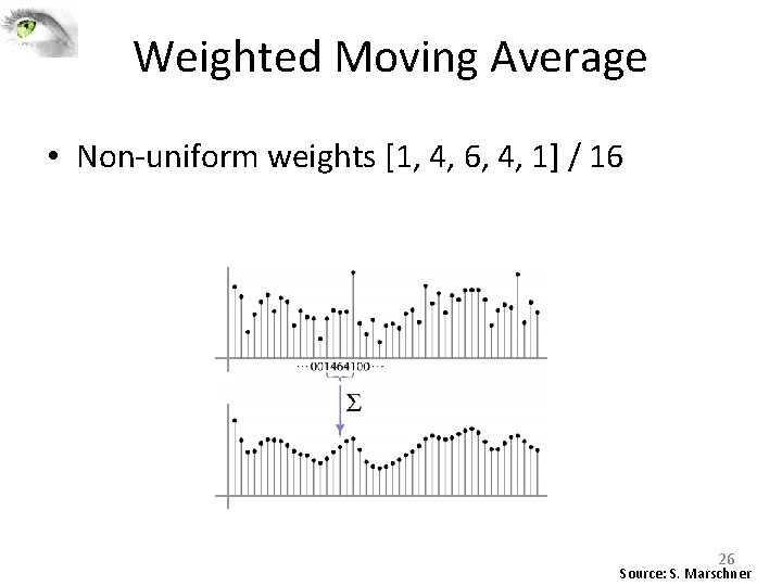 Weighted Moving Average • Non‐uniform weights [1, 4, 6, 4, 1] / 16 26
