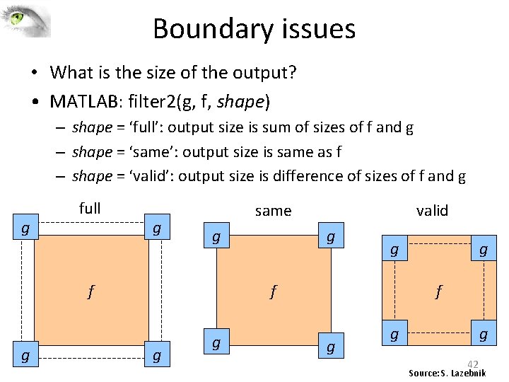 Boundary issues • What is the size of the output? • MATLAB: filter 2(g, Boundary issues • What is the size of the output? • MATLAB: filter 2(g,