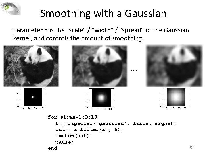 Smoothing with a Gaussian Parameter σ is the “scale” / “width” / “spread” of Smoothing with a Gaussian Parameter σ is the “scale” / “width” / “spread” of