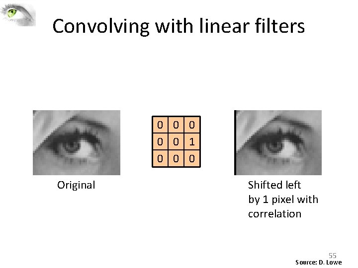 Convolving with linear filters 0 0 0 1 0 0 0 Original Shifted left Convolving with linear filters 0 0 0 1 0 0 0 Original Shifted left