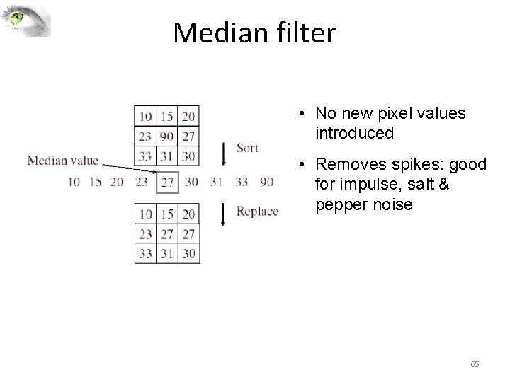 Median filter • No new pixel values introduced • Removes spikes: good for impulse, Median filter • No new pixel values introduced • Removes spikes: good for impulse,