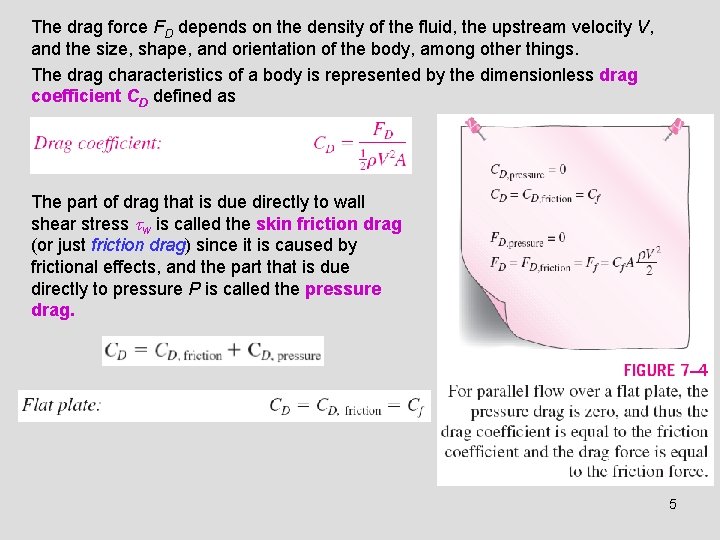 The drag force FD depends on the density of the fluid, the upstream velocity