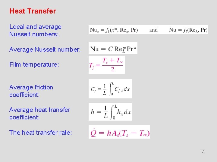 Heat Transfer Local and average Nusselt numbers: Average Nusselt number: Film temperature: Average friction