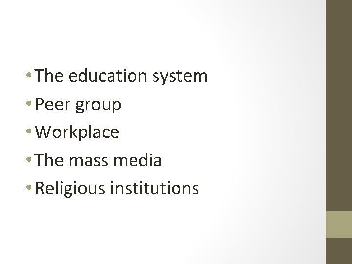  • The education system • Peer group • Workplace • The mass media
