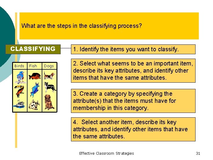 What are the steps in the classifying process? CLASSIFYING Birds Fish Dogs 1. Identify
