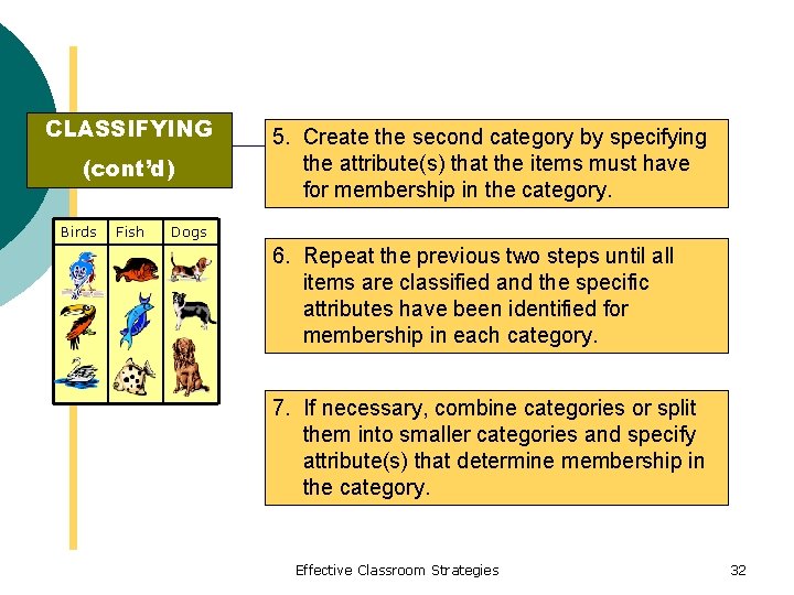 CLASSIFYING (cont’d) Birds Fish 5. Create the second category by specifying the attribute(s) that