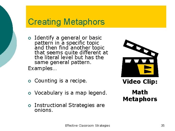 Creating Metaphors Identify a general or basic pattern in a specific topic and then