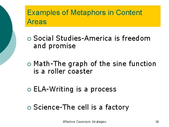 Examples of Metaphors in Content Areas ¡ ¡ Social Studies-America is freedom and promise