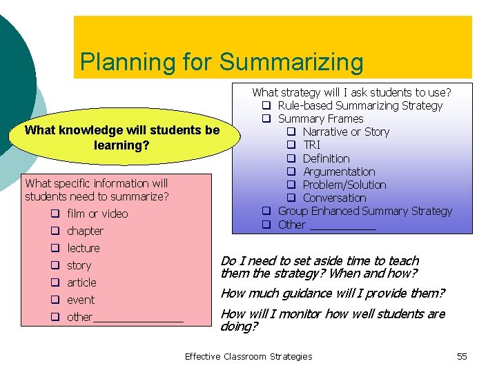 Planning for Summarizing What knowledge will students be learning? What specific information will students