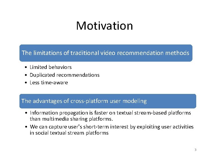 Motivation The limitations of traditional video recommendation methods • Limited behaviors • Duplicated recommendations