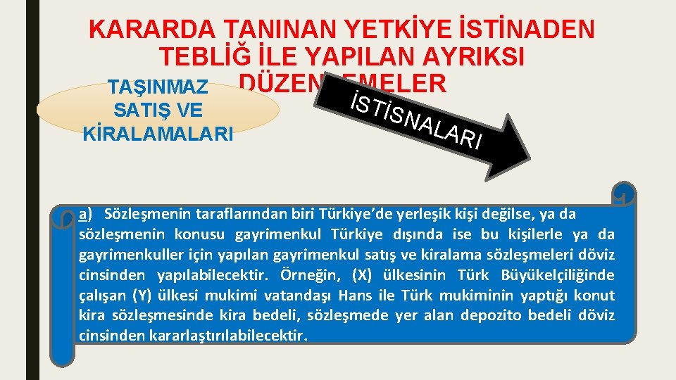 KARARDA TANINAN YETKİYE İSTİNADEN TEBLİĞ İLE YAPILAN AYRIKSI TAŞINMAZ DÜZENLEMELER SATIŞ VE KİRALAMALARI İSTİ