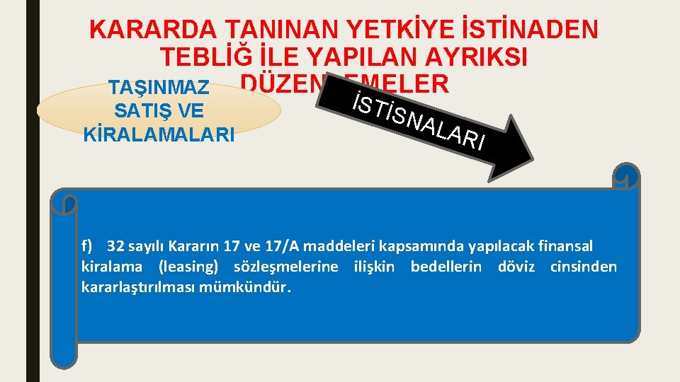 KARARDA TANINAN YETKİYE İSTİNADEN TEBLİĞ İLE YAPILAN AYRIKSI TAŞINMAZ DÜZENLEMELER SATIŞ VE KİRALAMALARI İSTİ