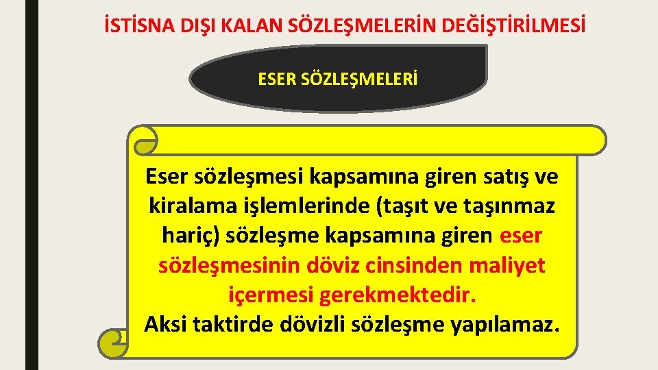 İSTİSNA DIŞI KALAN SÖZLEŞMELERİN DEĞİŞTİRİLMESİ ESER SÖZLEŞMELERİ Eser sözleşmesi kapsamına giren satış ve kiralama