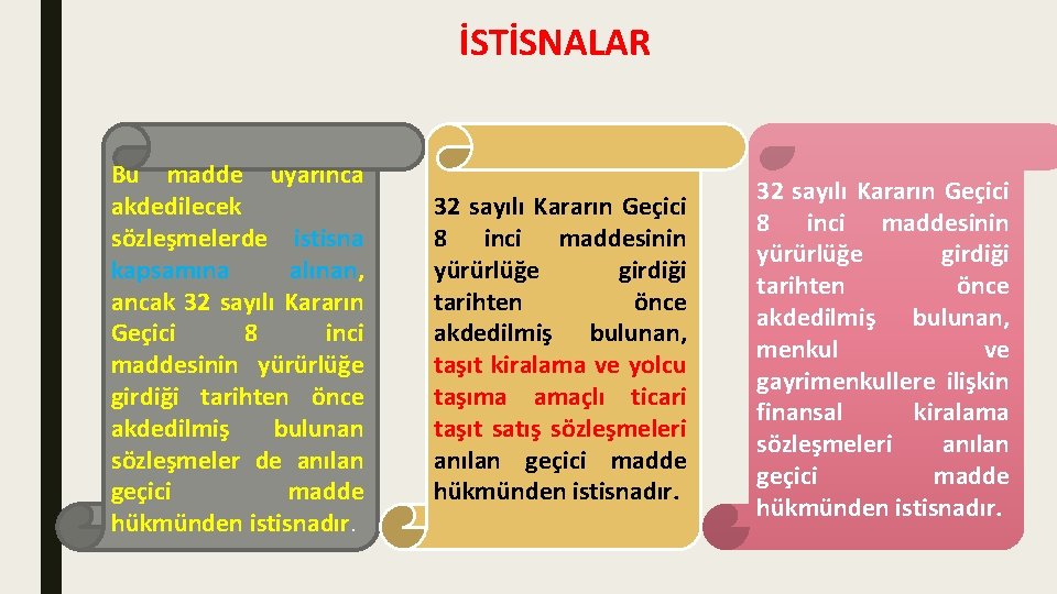 İSTİSNALAR Bu madde uyarınca akdedilecek sözleşmelerde istisna kapsamına alınan, ancak 32 sayılı Kararın Geçici