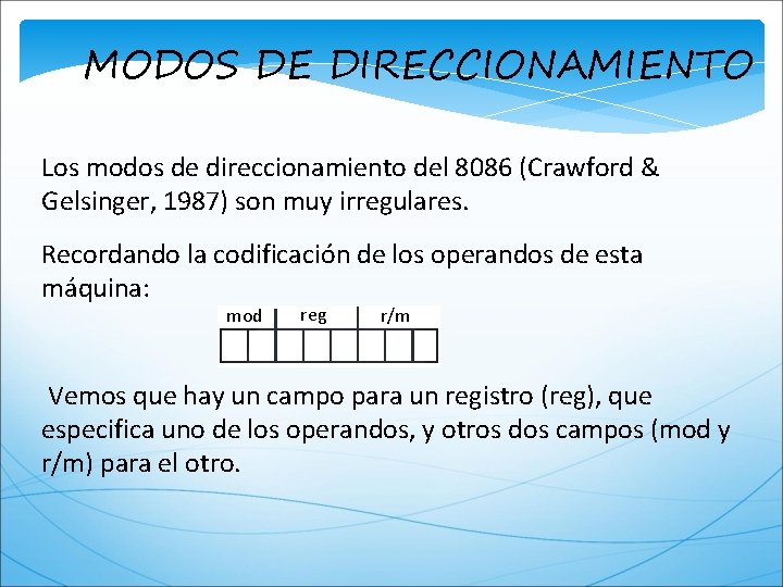MODOS DE DIRECCIONAMIENTO Los modos de direccionamiento del 8086 (Crawford & Gelsinger, 1987) son