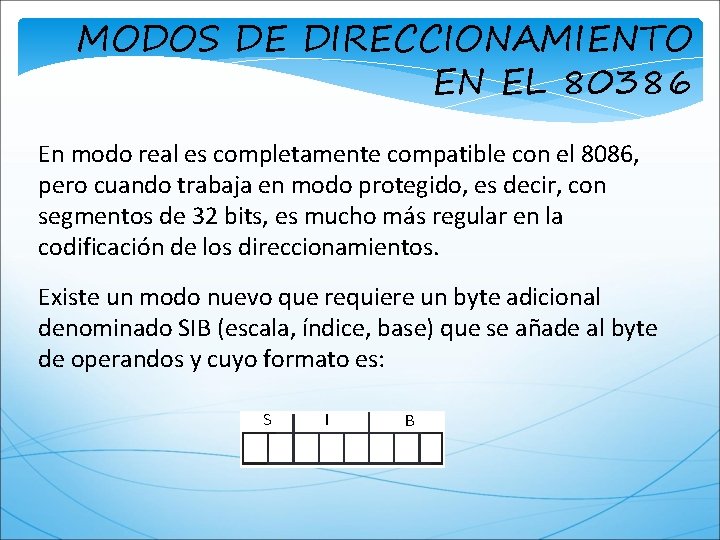 MODOS DE DIRECCIONAMIENTO EN EL 80386 En modo real es completamente compatible con el