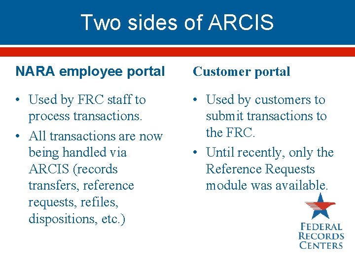 Two sides of ARCIS NARA employee portal Customer portal • Used by FRC staff