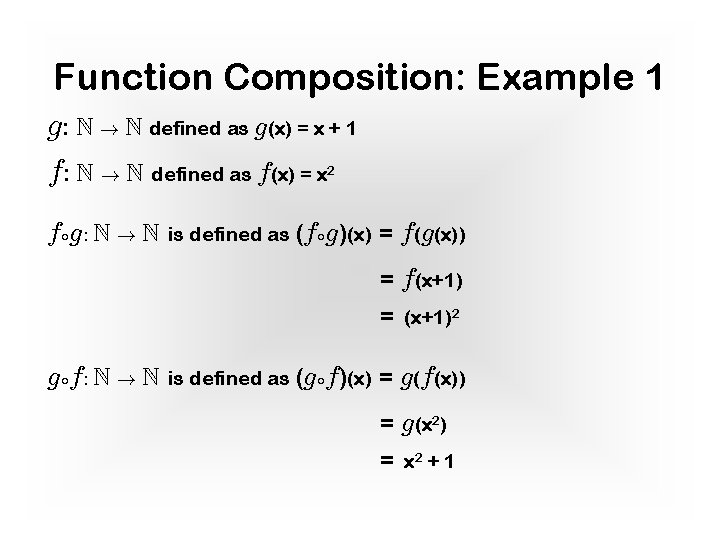 Function Composition: Example 1 g: N ! N defined as g(x) = x +