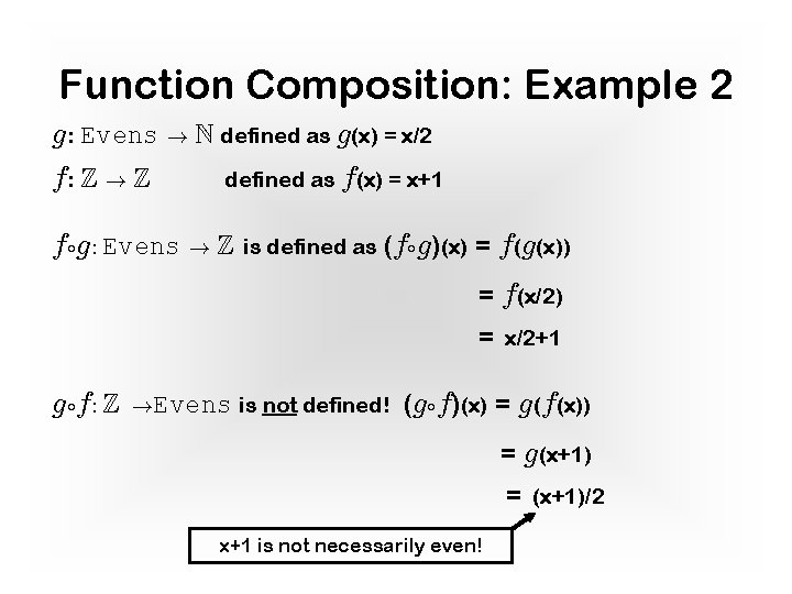 Function Composition: Example 2 g: Evens ! N defined as g(x) = x/2 f: