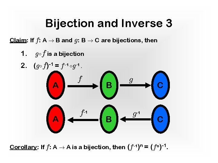 Bijection and Inverse 3 Claim: If f: A ! B and g: B !