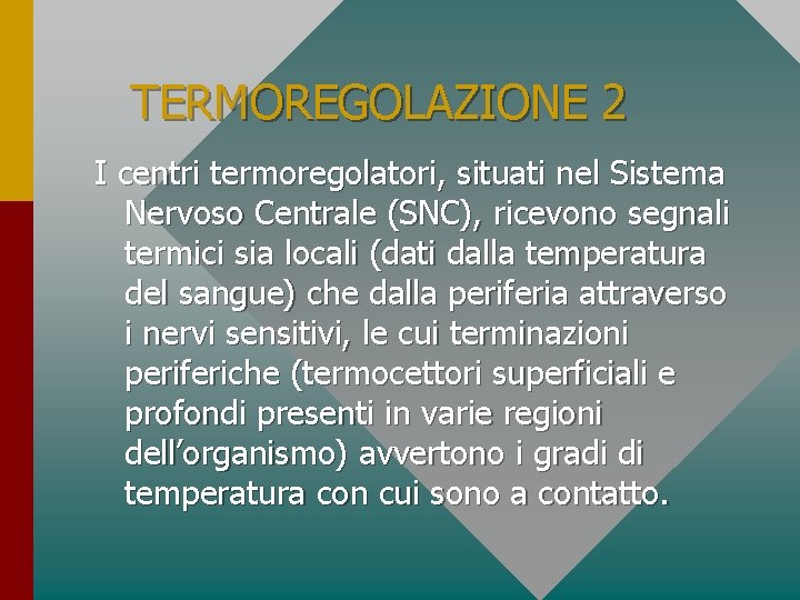 TERMOREGOLAZIONE 2 I centri termoregolatori, situati nel Sistema Nervoso Centrale (SNC), ricevono segnali termici