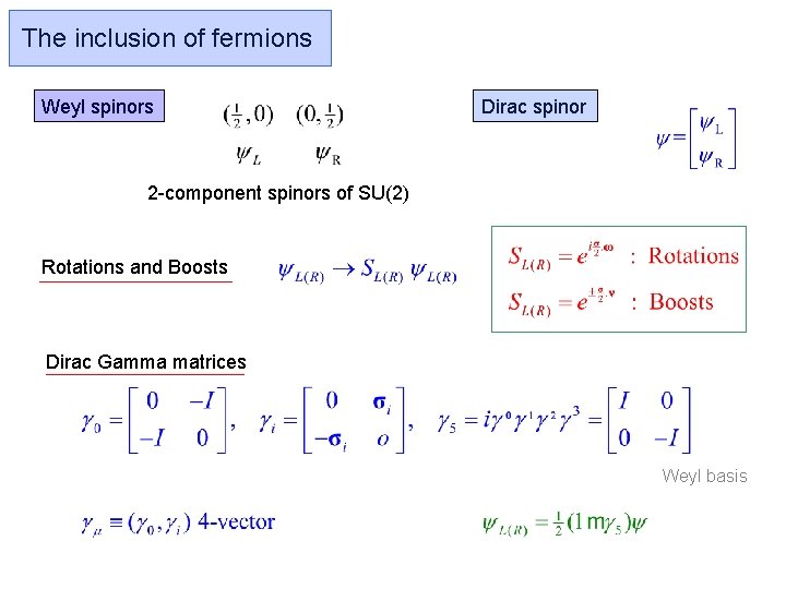 The inclusion of fermions Weyl spinors Dirac spinor 2 -component spinors of SU(2) Rotations