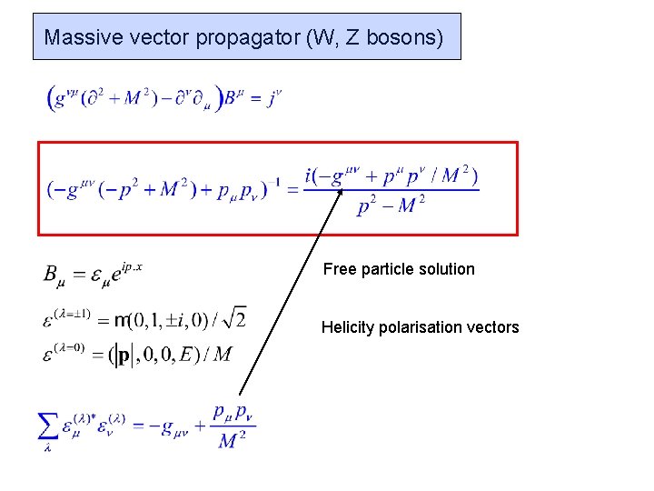 Massive vector propagator (W, Z bosons) Free particle solution Helicity polarisation vectors 