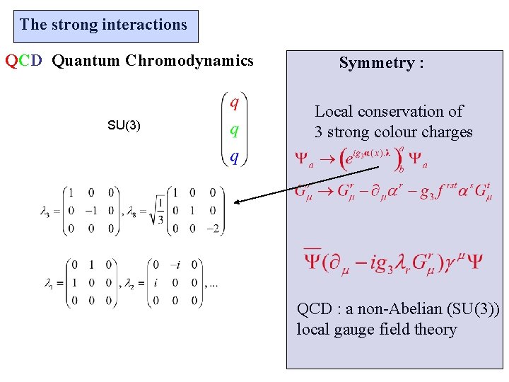 The strong interactions QCD Quantum Chromodynamics SU(3) Symmetry : Local conservation of 3 strong