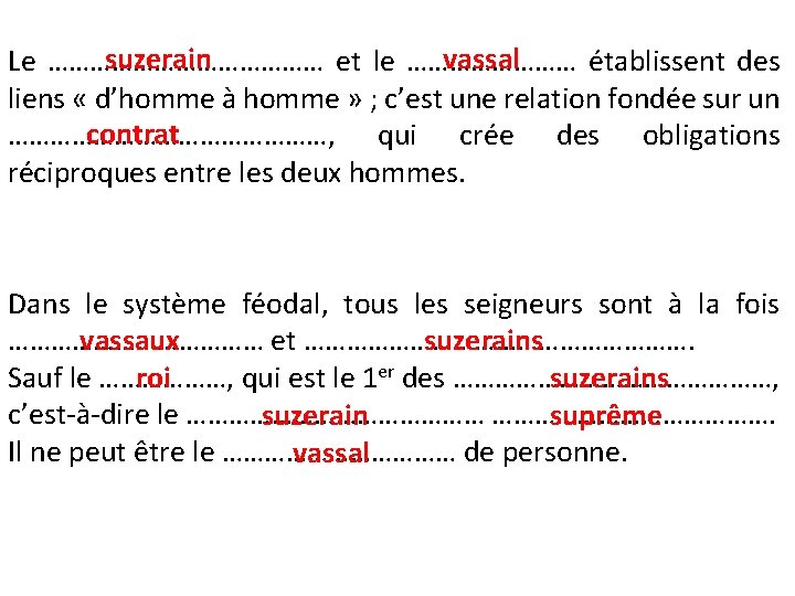 suzerain vassal Le ………………… et le ………… établissent des liens « d’homme à homme